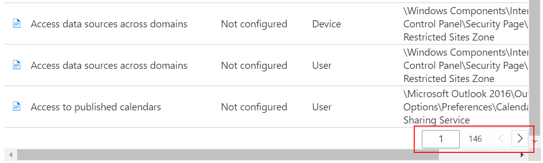 Visa en exempellista med inställningar och använd föregående och nästa knappar i Administrationscenter för Intune och Microsoft Intune.