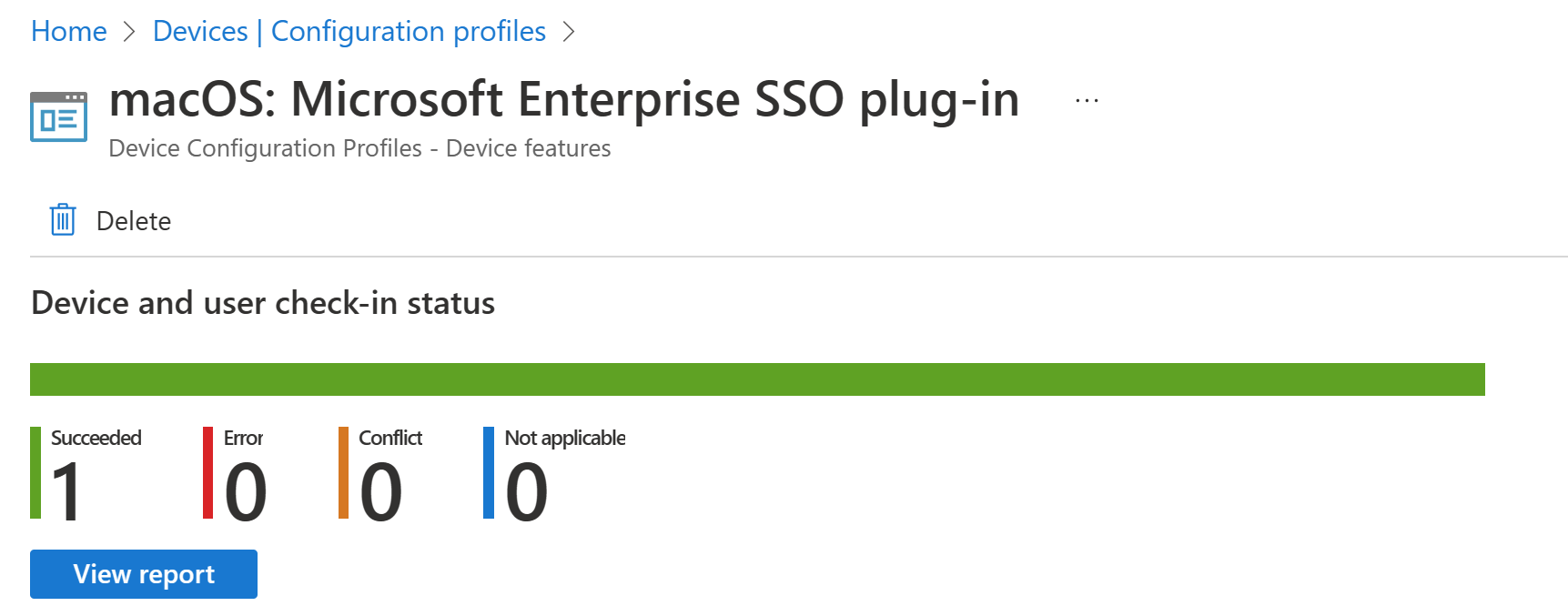 Skärmbild som visar distributionsrapporten för macOS-enhetskonfigurationsprofilen i Microsoft Intune.