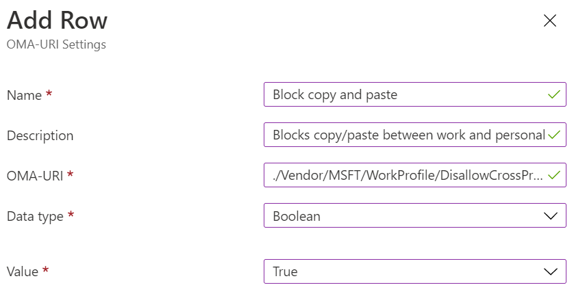 Skärmbild av en inställning i en anpassad Arbetsprofil i Microsoft Intune som blockerar kopiering och inklistring för personligt ägda Android Enterprise-enheter.