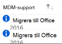 Skärmbild som visar äldre Office-inställningar som inte stöds och föreslår migrering till en version som stöds i Microsoft Intune.