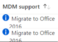 Skärmbild som visar äldre Office-inställningar som inte stöds och föreslår migrering till en version som stöds i Microsoft Intune.