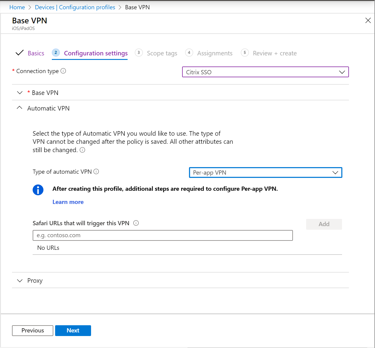 Skärmbild som visar automatisk VPN inställd på per app-VPN på iOS/iPadOS-enheter i Microsoft Intune.