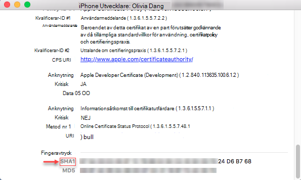 iPhone-information – Sha1-sträng med fingeravtryck