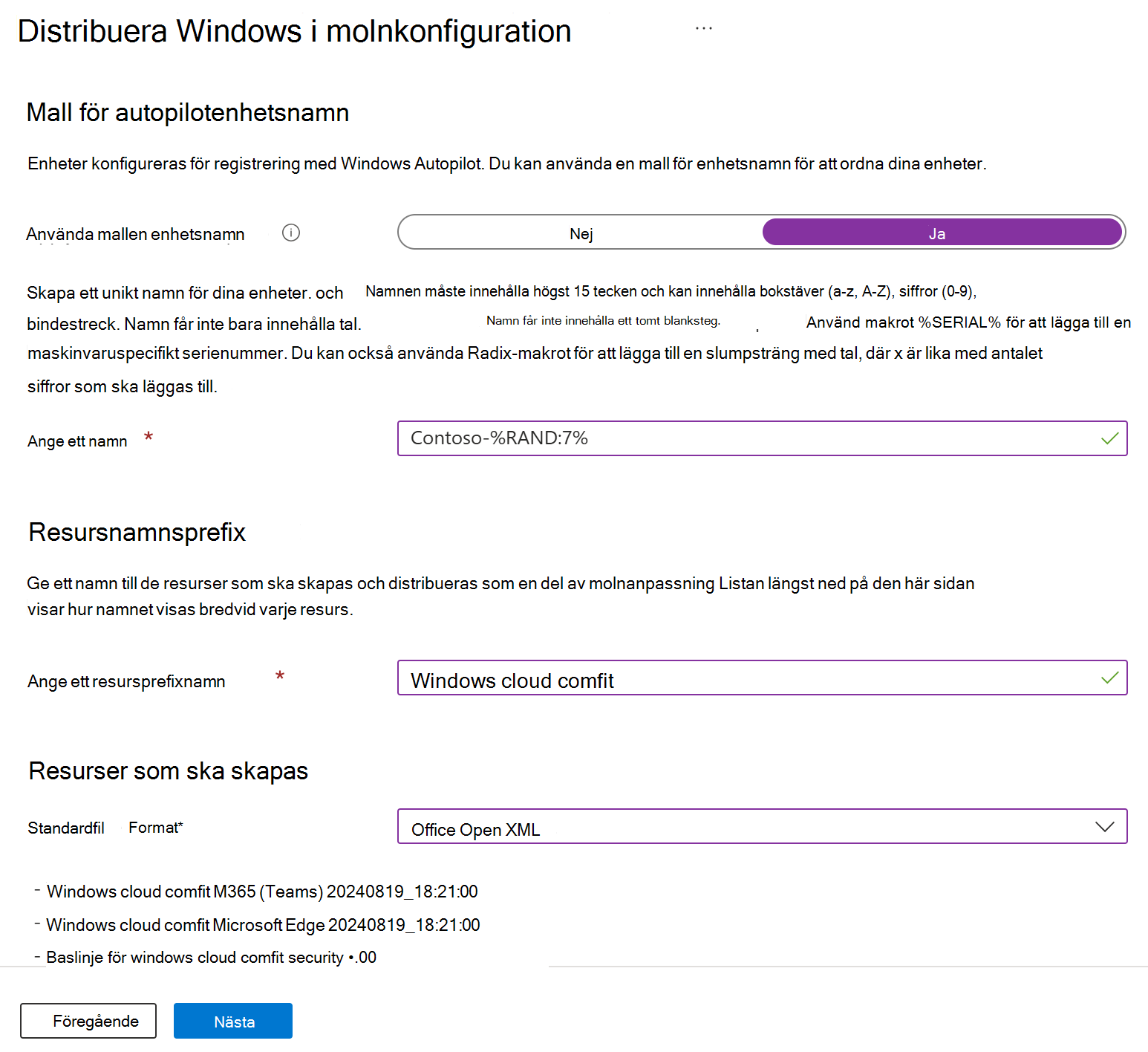 Skärmbild som visar hur du konfigurerar enhetsnamnmallen och resursnamnprefixet i ett Windows 10/11-scenario för molnkonfiguration i Microsoft Intune.