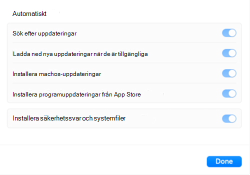 Inställningarna för programuppdatering är nedtonade när uppdateringsprincipen för Intune-inställningarnas katalog gäller för en macOS Apple-enhet.