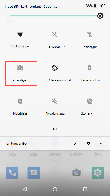 Skärmbild av ikonen för inaktivt arbetsläge i Snabbinställningar för Nexus 5X.