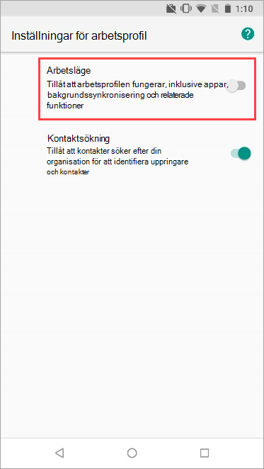 Skärmbild av växlingsknappen Arbetsprofil aktiverad i Enhetsinställningarna för Nexus 5X.