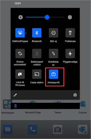 Skärmbild av ikonen för aktiverad arbetsprofil i Snabbinställningar för Surface Duo.