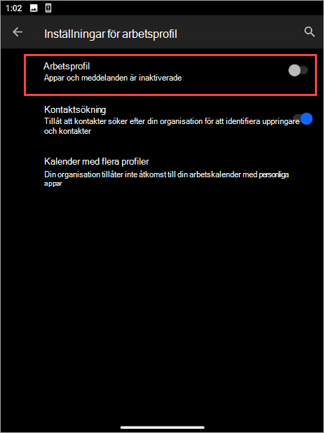 Skärmbild av växlingsknappen Arbetsprofil inaktiverad i Enhetsinställningarna för Surface Duo.