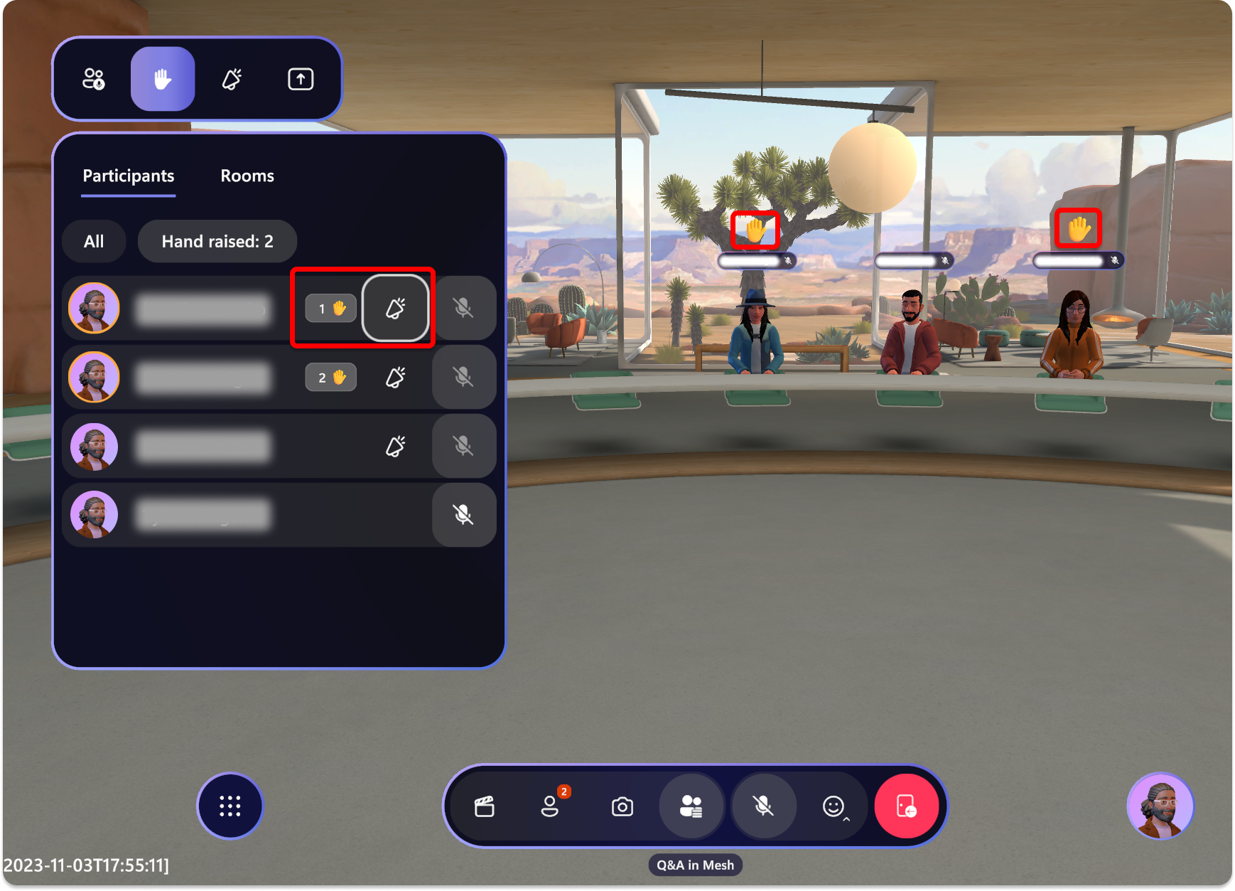 Skärmbild av Mesh som visar handhöjningsikonen bredvid deltagarnas namn som anger att de har upphöjt handen.