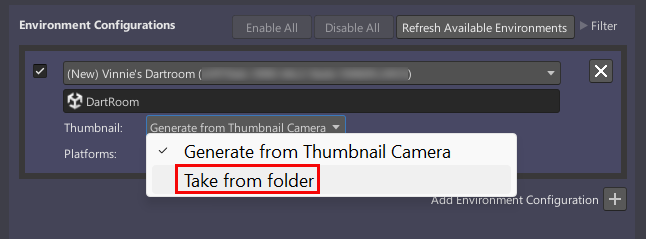 En skärmbild av Mesh Uploader med alternativet Thumbnail take from folder valt.
