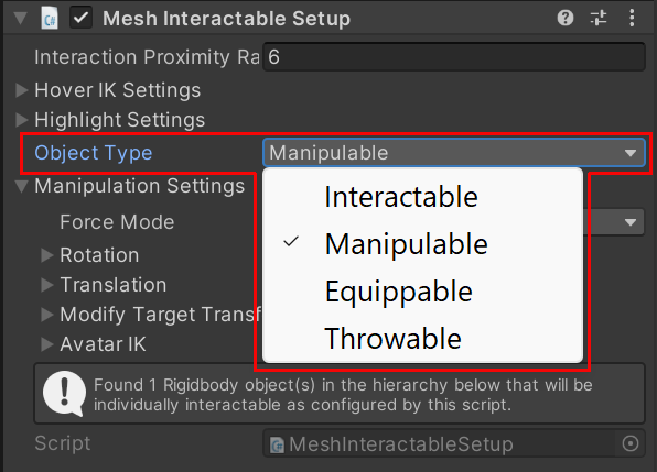 En skärmbild av ett objekts mesh-interaktionsbara installationsprogram med den nedrullningsbara menyn Objekttyp markerad.