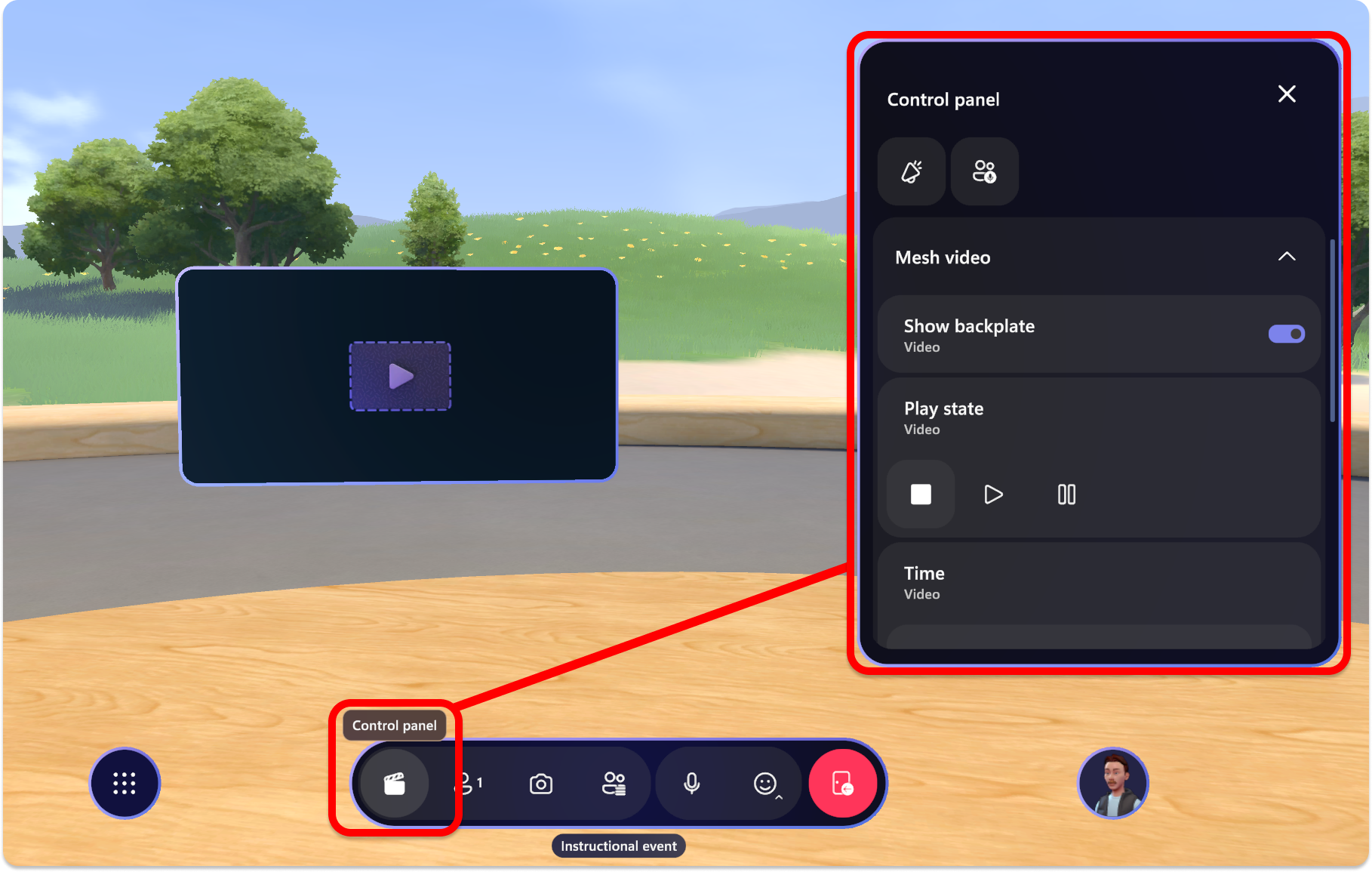 Skärmbild av Mesh-appen som visar kontrollpanelens knapp och panel