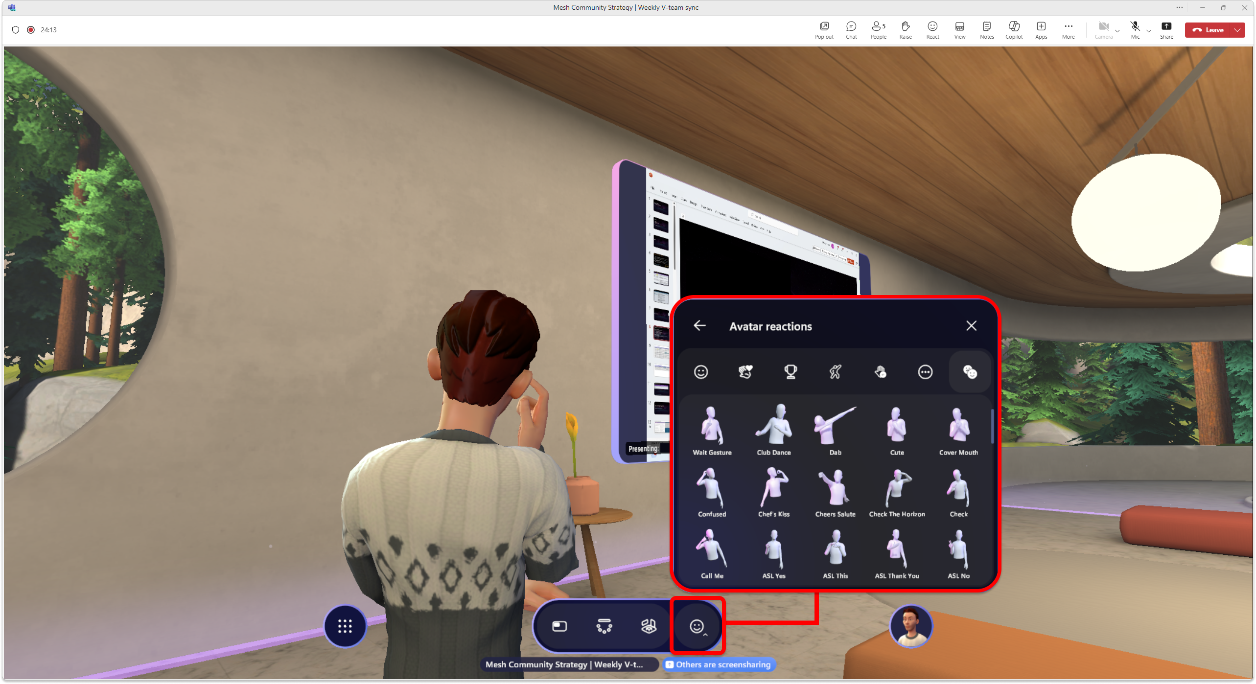 Skärmbild av panelen avatarsymboler i ett uppslukande utrymme 3D i ett Teams-möte.