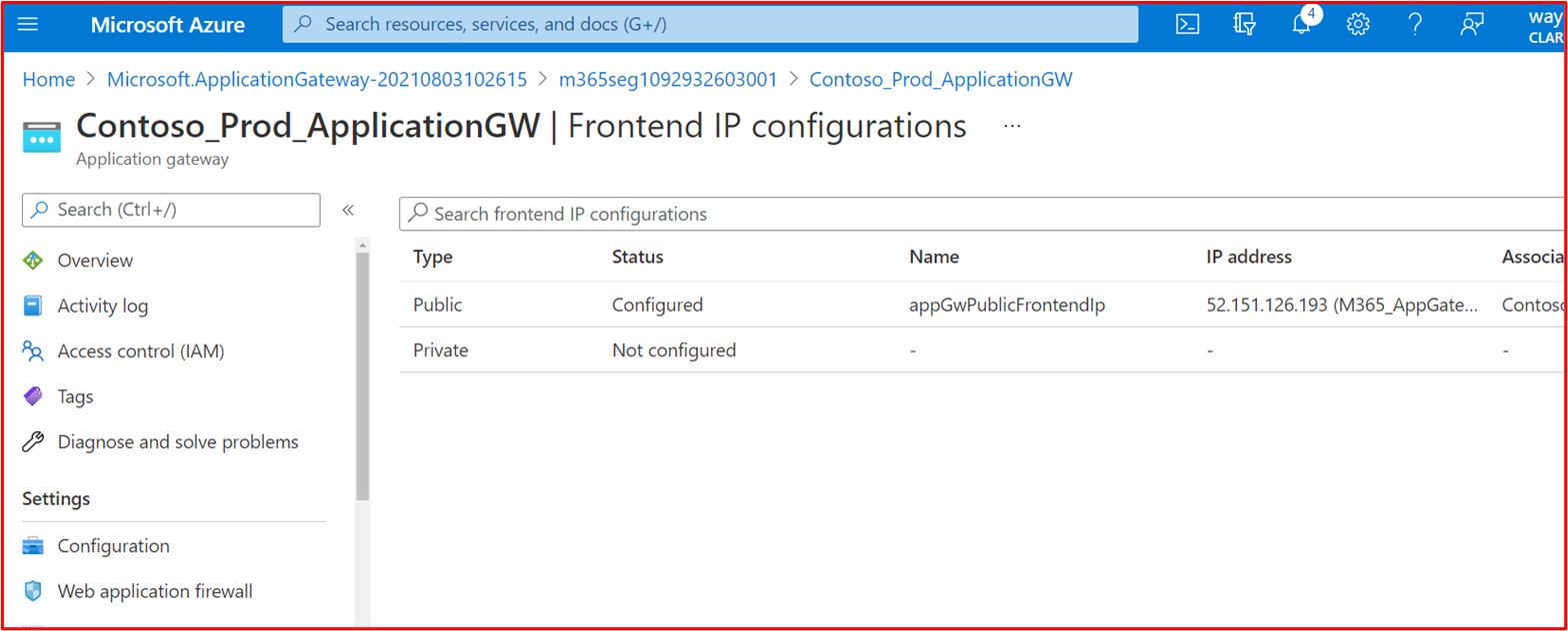 screenshot shows the Frontend IP configuration