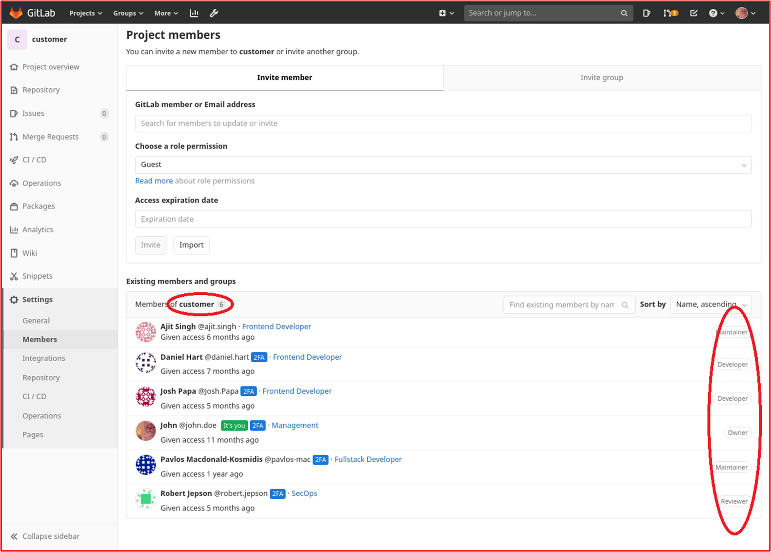 screenshot shows members of the "Customers" project in GitLab which is the Contoso "Customer Portal"