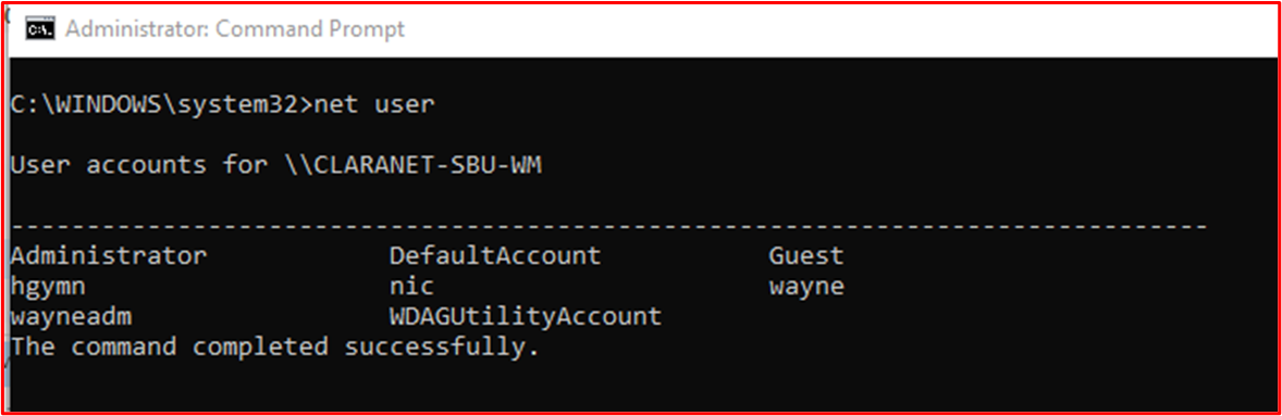 The following screenshot shows user accounts configured for the in-scope system component "CLARANET-SBU-WM".