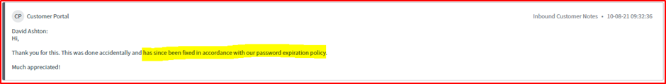 screenshot shows confirmation that this has been resolved by David Ashton @ Contoso through an update within the ServiceNow customer portal.