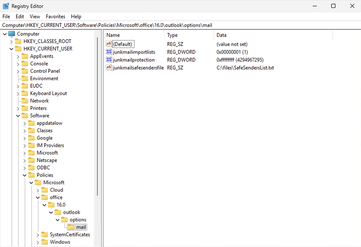 Screenshot that shows the registry after settings are correctly applied.