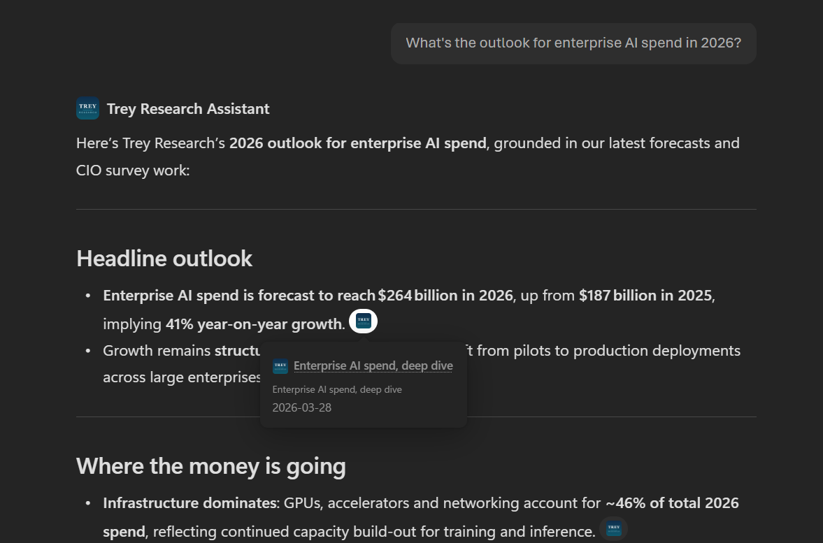 On hover experience for clickable citations in a Copilot response.