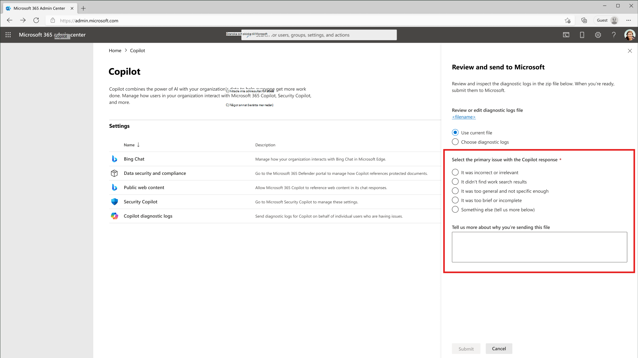 Skärmbild som visar alternativen för att välja från en lista över fördefinierade problem.