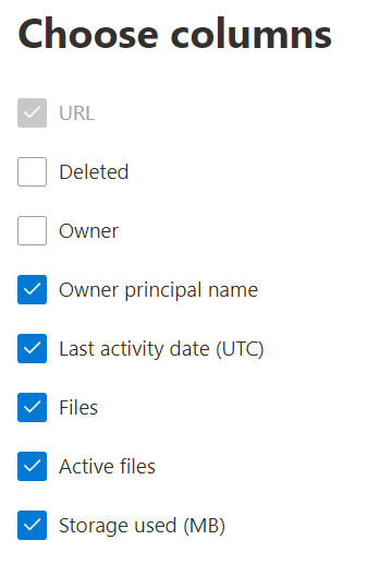 OneDrive-användningsrapport – välj kolumner.