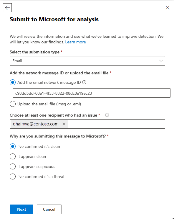 Skicka ett falskt positivt (bra) e-postmeddelande till Microsoft för analys på sidan Inlämningar i Defender-portalen.
