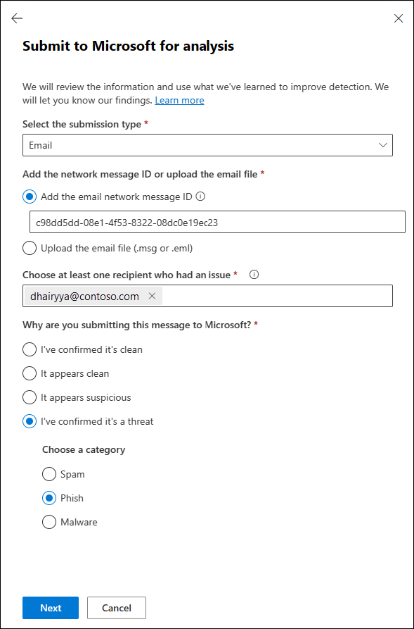 Skicka ett falskt negativt (dåligt) e-postmeddelande till Microsoft för analys på sidan Inskickade filer i Defender-portalen.