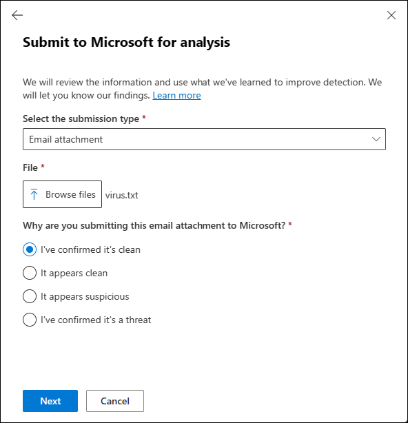 Skicka en falsk positiv (bra) e-postbilaga till Microsoft för analys på sidan Inskickade filer i Defender-portalen.