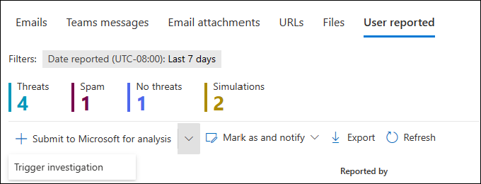 Tillgängliga åtgärder i listrutan Skicka till Microsoft för analys.