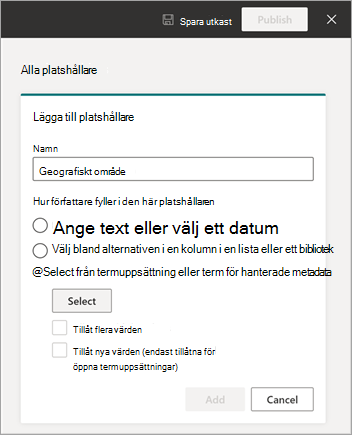 Skärmbild av mallvisningsprogrammet som visar panelen Nytt fält för indata från en term eller termuppsättning.