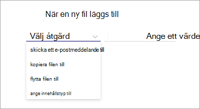 Skärmbild av sidan med regeluttryck som visar alternativet Välj åtgärd markerat.