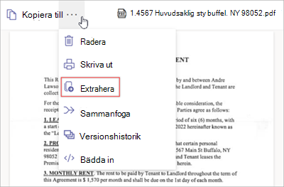 Skärmbild av menyn Fler alternativ med alternativet Extrahera.