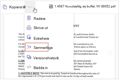 Skärmbild av menyn Fler alternativ med alternativet Sammanfoga.
