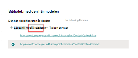 Skärmbild som visar Bibliotek med den här modelldelen med Synkronisera markerat.