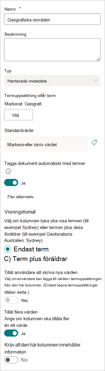 Skärmbild som visar panelen Kolumninställningar för kolumnen taxonomi.