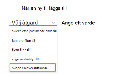 Skärmbild av sidan med regeluttryck som visar översättningsalternativet markerat.