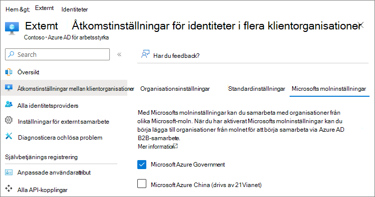 Skärmbild som visar Microsofts molninställningar.