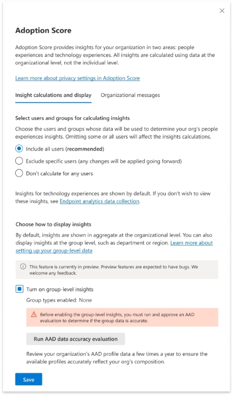Skärmbild: Varning om att köra en utvärdering av datanoggrannhet innan du aktiverar insikter på gruppnivå.
