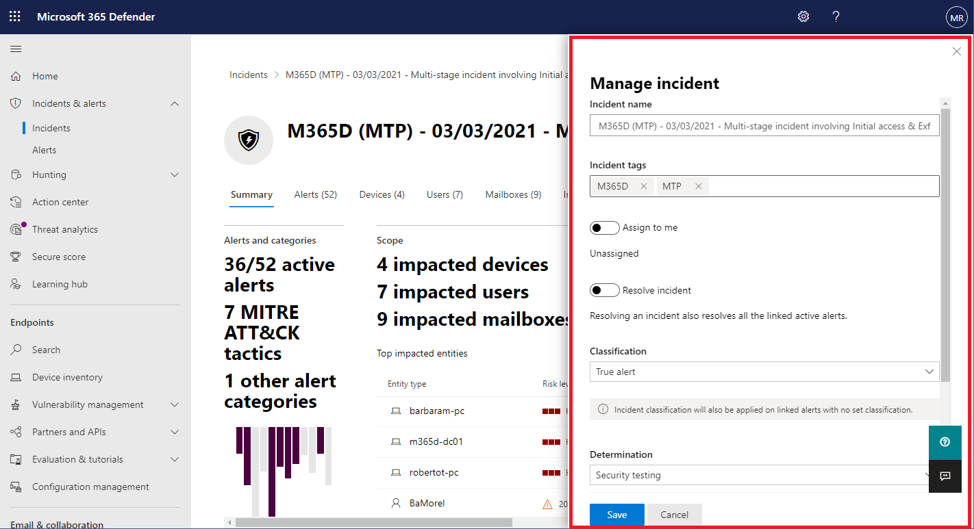 Fönstret Hantera incident i Microsoft 365 Defender-portalen