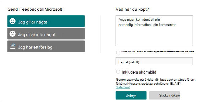 Skärmbild som visar sidan Skicka feedback till Microsoft.