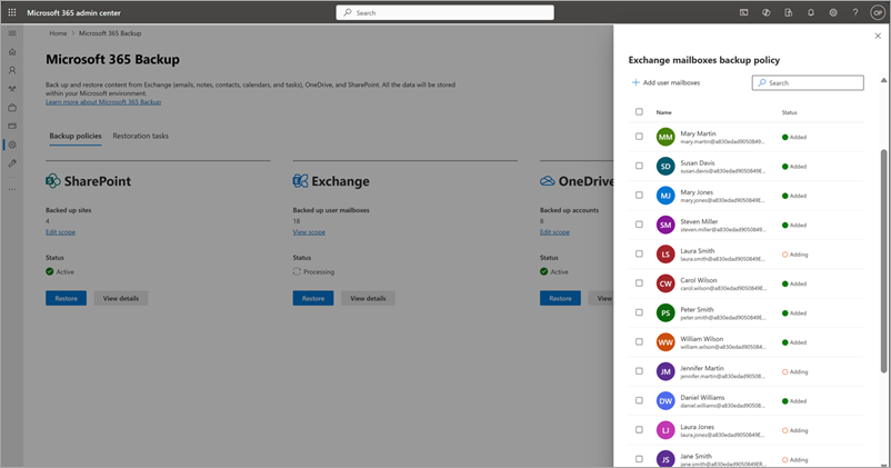 Skärmbild som visar hur du lägger till postlådor i den befintliga säkerhetskopieringsprincipen för Exchange i Administrationscenter för Microsoft 365.