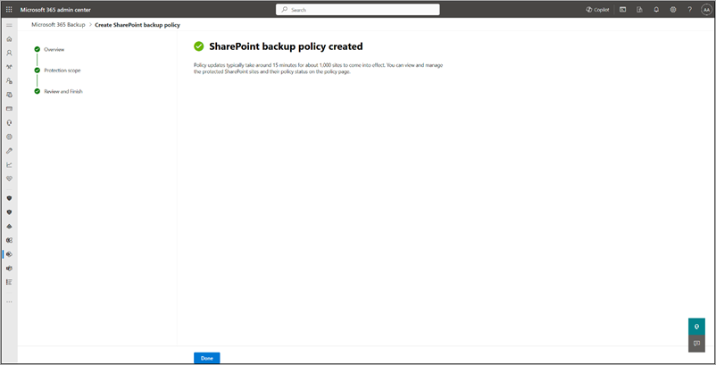 Skärmbild av sidan med sharepoint-säkerhetskopieringspolicyn som skapats.