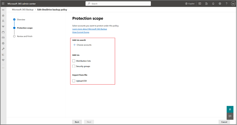 Skärmbild av sidan Skyddsomfång för OneDrive med alternativen markerade.