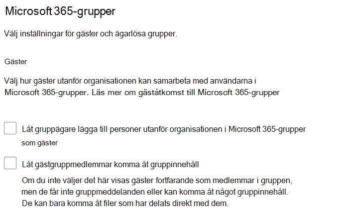 Skärmbild av delningsinställningarna för Microsoft 365-grupper i administrationscentret för Microsoft 365.