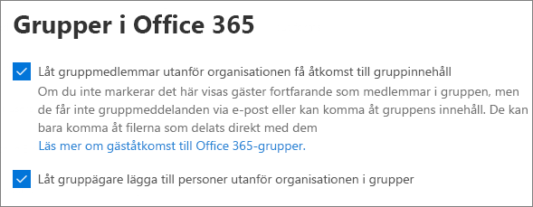 Skärmbild av gästinställningarna för Microsoft 365-grupper i administrationscentret för Microsoft 365.