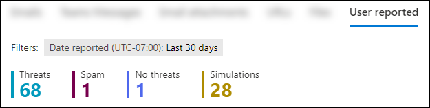 Snabbfilter på fliken Användarrapporterad på sidan Inskickade filer.