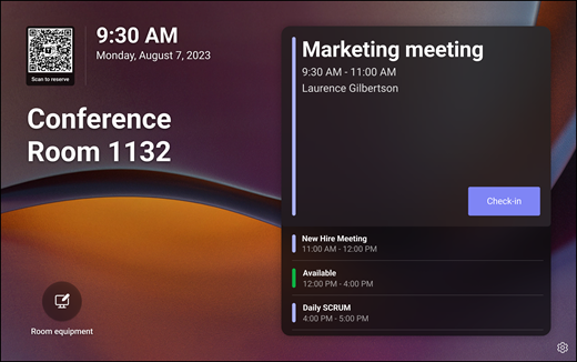 Screenshot that shows Teams Panels home screen. Information about the current meeting appears on the screen with a check in button.