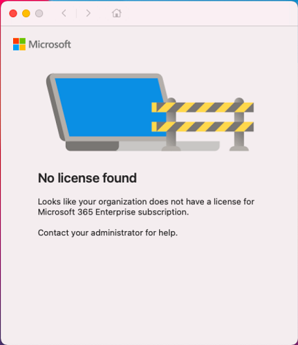 Skärmbild av sidan som visar meddelandet Ingen licens hittades och dess beskrivning.