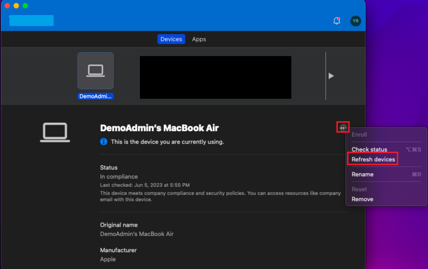 Skärmen där du uppdaterar enheterna.
